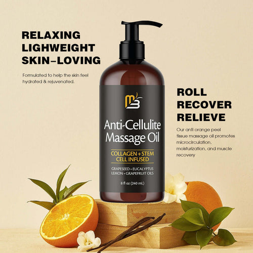Anti Cellulite Moisturizing Body Massage Oil bottle with orange and leaves, designed for hydration and skin rejuvenation.